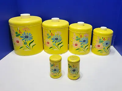 Vintage Ransburg Yellow Tin Canister Set With Salt And Pepper Shakers • $95