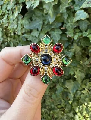 Vintage Cabouchon Maltese Cross Brooch With Red Green Blue Cabochons • £30