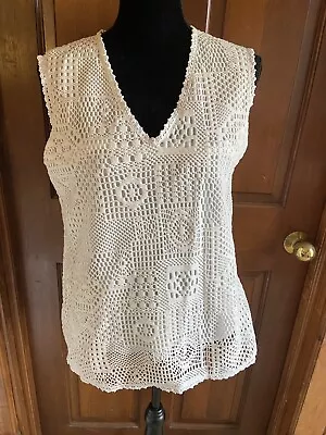 Midnight Velvet White Crochet Lace Lined Sleeveless Top Sz. Large V Neck • $14