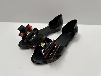 Melissa Seduction Black Open Toe Triple Bow Tortoise Jelly Slip On Flat Size 7 • $12