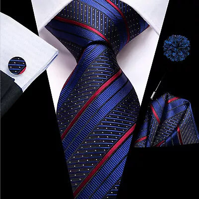 Blue Red Striped Mens Silk Tie Hankerchief Cufflinks Wedding Prom Set USA • $11.99