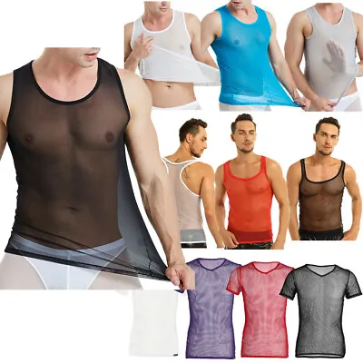 Mens See Through Vest Top Shirt Sports Gym Undershirt Mesh Net T-shirt Underwear • £5.94