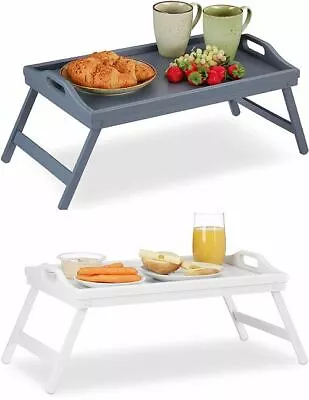 White Grey Bamboo Wooden Breakfast Serving Lap Tray Bed Table With Folding Legs • £14.90