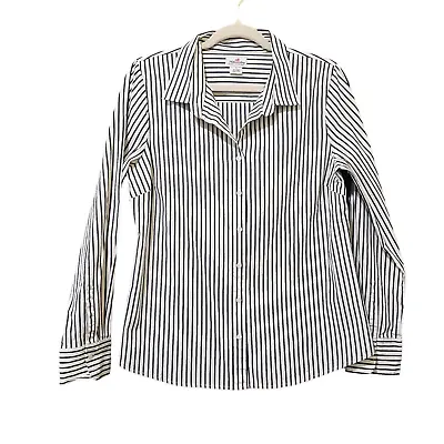 J.Crew Haberdashery Shirt Women Large Cotton Blend Black White Stripes Button Up • $19.50