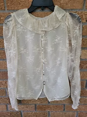 Simple Retro Button Up Blouse Victorian Edwardian Lace Puff Sleeve XS • £23.15