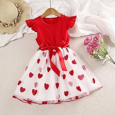 3 To 7 Years Girls Party Dress Heart Print Sleeveless Lace Mesh Princess Dress • $26.11