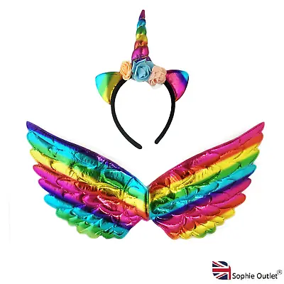 Rainbow Headband & Wings Set Unicorn Fancy Dress Party Costume Accessory Kids • £6.79