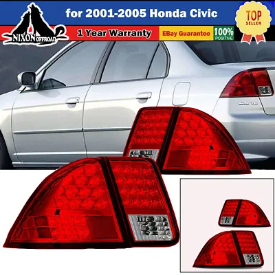 For 2001-2005 Honda Civic Sedan LED Tail Lights Brake Rear Lamps Chrome Red Pair • $138.99