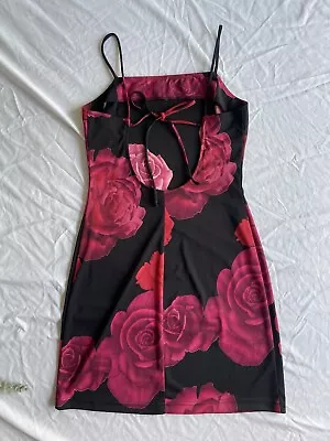 VTG 90s Y2K Early Warning Black Open Back Roses  Soft Grunge Mini Dress Sz M • $44