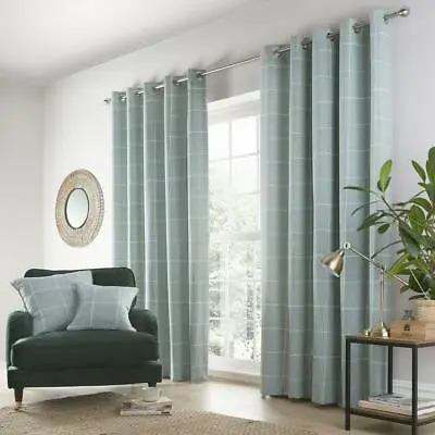 Check Curtains Eyelet Ring Top Pair Lined Sage Green Duck Egg Window Door • £17.99