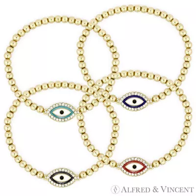 Evil Eye Turkish Nazar Greek Mati Hamsa Luck Charm Enamel Brass Stretch Bracelet • $12.99