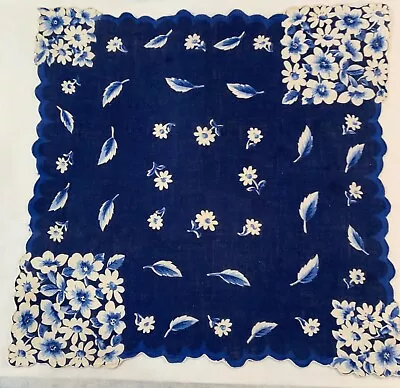 Vintage 13” Blue And White Flowers On A Navy Linen Handkerchief  • $6.99