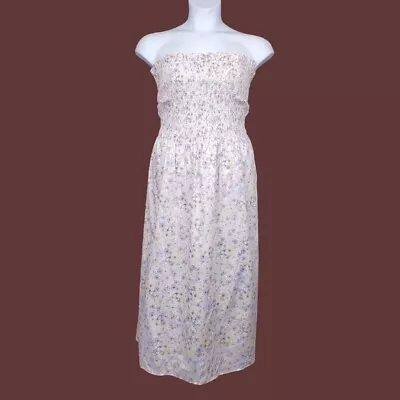 H&M Womens Strapless Ivory Purple Floral Print Smocked Midi Dress Size XXL NWT • $35