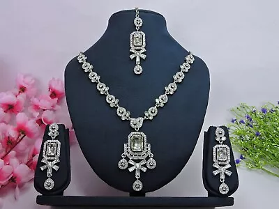 Indian Bollywood Wedding Party Silver Plated Kundan Jewelry Pendant Necklace Set • $35.99