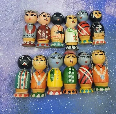 Vtg Channapatna Wooden Dolls Hand Painted Dolls 12 LOT See Pics Handmade  • $38.33