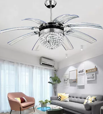 42  K9 Crystal Chandelier Silver Ceiling Fan Light Invisible 8-Blade Ceiling Fan • $102.30