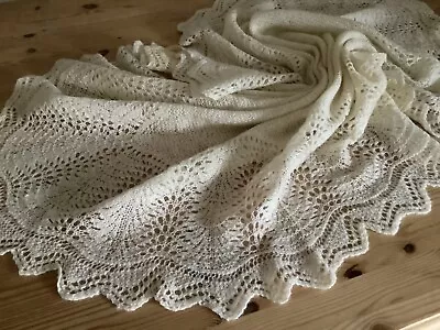 Vintage Traditional Cream Shetland Lace Baby Shawl  48”/48” Natural Wool • £49.95