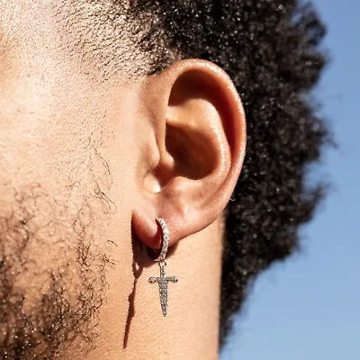 Men's Hanging Dangle 925 Sterling Silver Iced Dagger Cross Huggie Hoop Earrings • $17.99