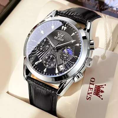 Mens Classic Chronograph Luminous Stainless Steel Leather High Quality Watch UK • $42.20
