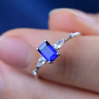 Sapphire Engagement Ring Emerald Cut September Birthstone Ring Mothers Day Gift • $109.25