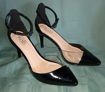 WALLIS Black Patent ANKLE STRAP OPEN COURT SHOES UK 4 Formal Party LBD Stiletto • £7.50