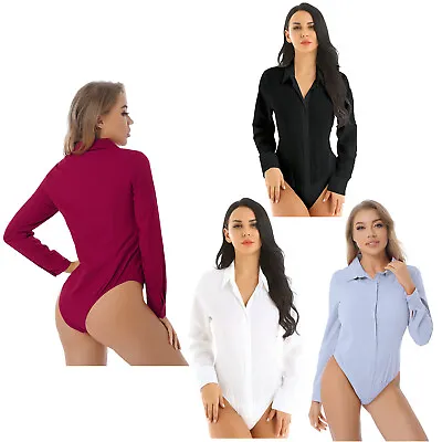 UK Womens Turn-down Shirts Blouse Leotard OL Office Top Thong Bodysuit Jumpsuits • £8.59