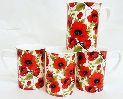 £22.50 • Buy Red Poppy Mugs Set Of 4 Fine Bone China Poppies Mugs Hand Decorated In UK