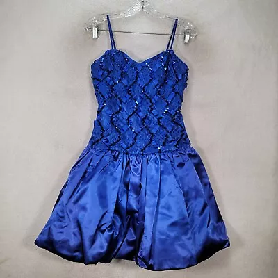 Vtg Steppin Out Women Dress Size 11 Royal Blue Satin Sequin Smocked Pleated Mini • $37.95