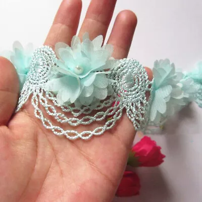 1 Yard 3D Flower Pearl Beaded  Trim Lace Ribbon Fabric DIY Wedding Dress Sewing • £4.49