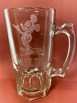 Clear Glass Beer Mug Stein Etched Mickey Mouse “Waldo” Vintage FREE SHIPPING! • $24.99