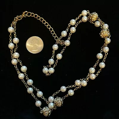 Vintage Fashion Jewelry Gold Tone Pearl Bead Chain Necklace Approx 38-41  • $12.99