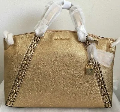 NWT MICHAEL Michael Kors Chelsea Medium Crackle Leather Satchel Bag $428 Gold • $159.99