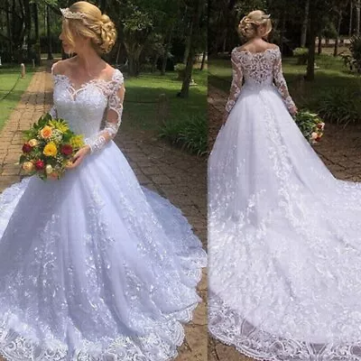 New Elegant A-Line Wedding Dresses Lace Applique V-Neck Long Sleeves Bridal Gown • $145.99