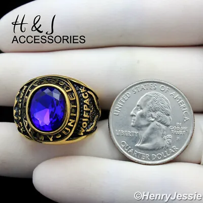 Stainless Steel US Army Military Gold/Black Plated Blue Rhinestone Ring*AGR100 • $15.99