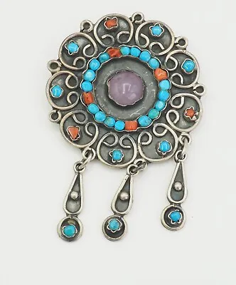 VTG Matilde Poulat Style Sterling Silver Turquoise Amethyst Coral Pendant Brooch • $265