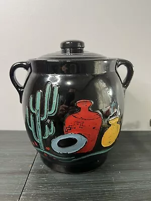 Vintage Black Stoneware Crock Canister Cookie Jar South Western Mexican Pottery • $45