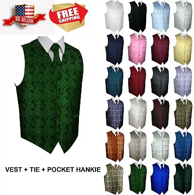 XS-6XL Men's Paisley Formal Tuxedo Vest Tie & Hankie Set. Wedding Prom Cruise • $22.95