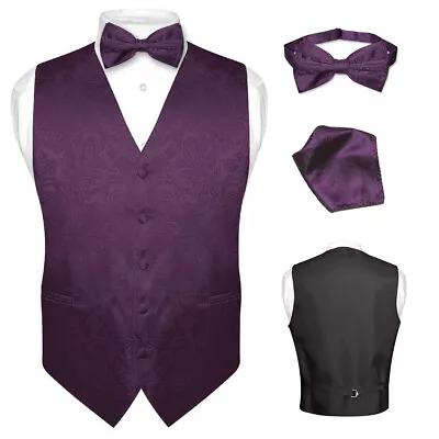 Men's Dress VEST Bow Tie DARK PURPLE Grape PAISLEY Design Suit BowTie Hanky Set • $27.95