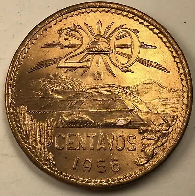 1956 Mexico 20 Centavos Bronze Pyramid Of The Sun At Teotihuacán BU KM 440 • $20