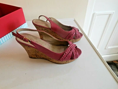 £7.99 • Buy Lotus Magenta Leather Open Toe Slingback High Cork Effect Wedge Heel Shoes Sze 5