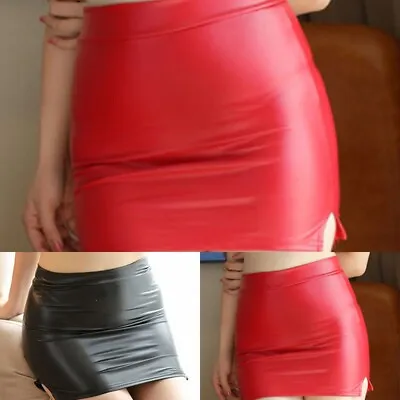 Sexy Wet Look Faux Leather Mini Skirt Low Waist Bodycon Style Red/Black • £7.62