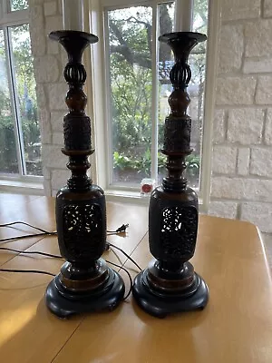 Pair Of Vintage Asian Pierced Bronze Candlestick Lamp Bases • $99.99