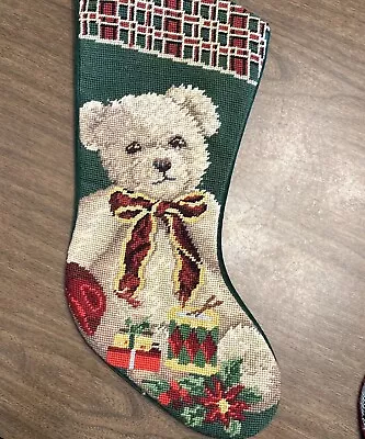 Vintage Needlepoint Christmas Stocking Teddy Bear  Wool • $29.99