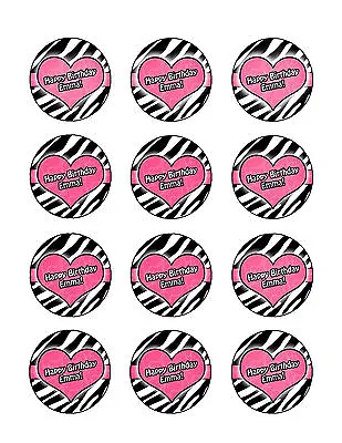 ZEBRA PINK HEART Edible Image Cupcake Toppers Frosting Sheet PERSONALIZED! • $12.95