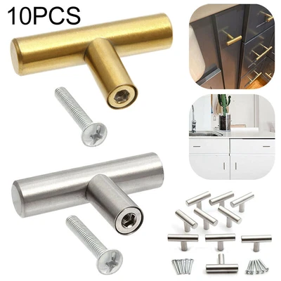 £6.13 • Buy 10Pcs T Bar Brushed Steel Knobs Kitchen Cupboard Cabinet Drawer Door Handles Set
