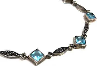 VTG Sterling Silver 925 Blue Topaz Marcasite Link Bracelet 7.5  - 10.3 Grams • $29.99