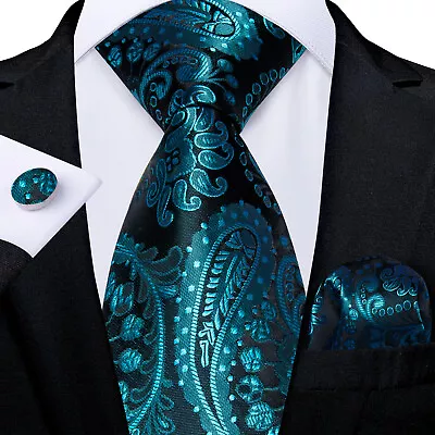 DiBanGu Mens Silk Ties Blue Checks Paisley Hanky Cufflinks Wedding Set Party New • £10.59