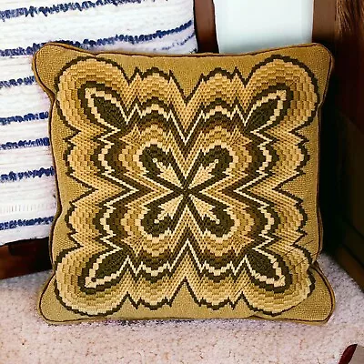 Vintage 70s Needlepoint Pillow Green Abstract Wool Olive Velvet Back Zip Cover • $34.99