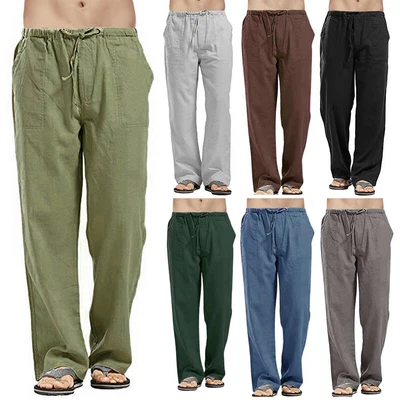 $14.60 • Buy Mens Linen Loose Trousers Casual Elastic Waist  Sports Beach Pants Solid S-5XL