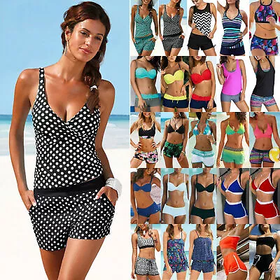 Women Padded Tankini Set Bikini Boy Shorts Swimsuit Swimwear Summer Bathing Suit • £7.65